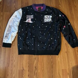Jewel House Vintage Coldest in Town Embellished Black Purple Bomber Jacket‎